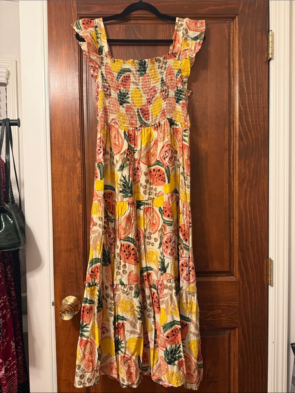 Smocked Fruit-Print Maxi Dress in Yellow & Coral